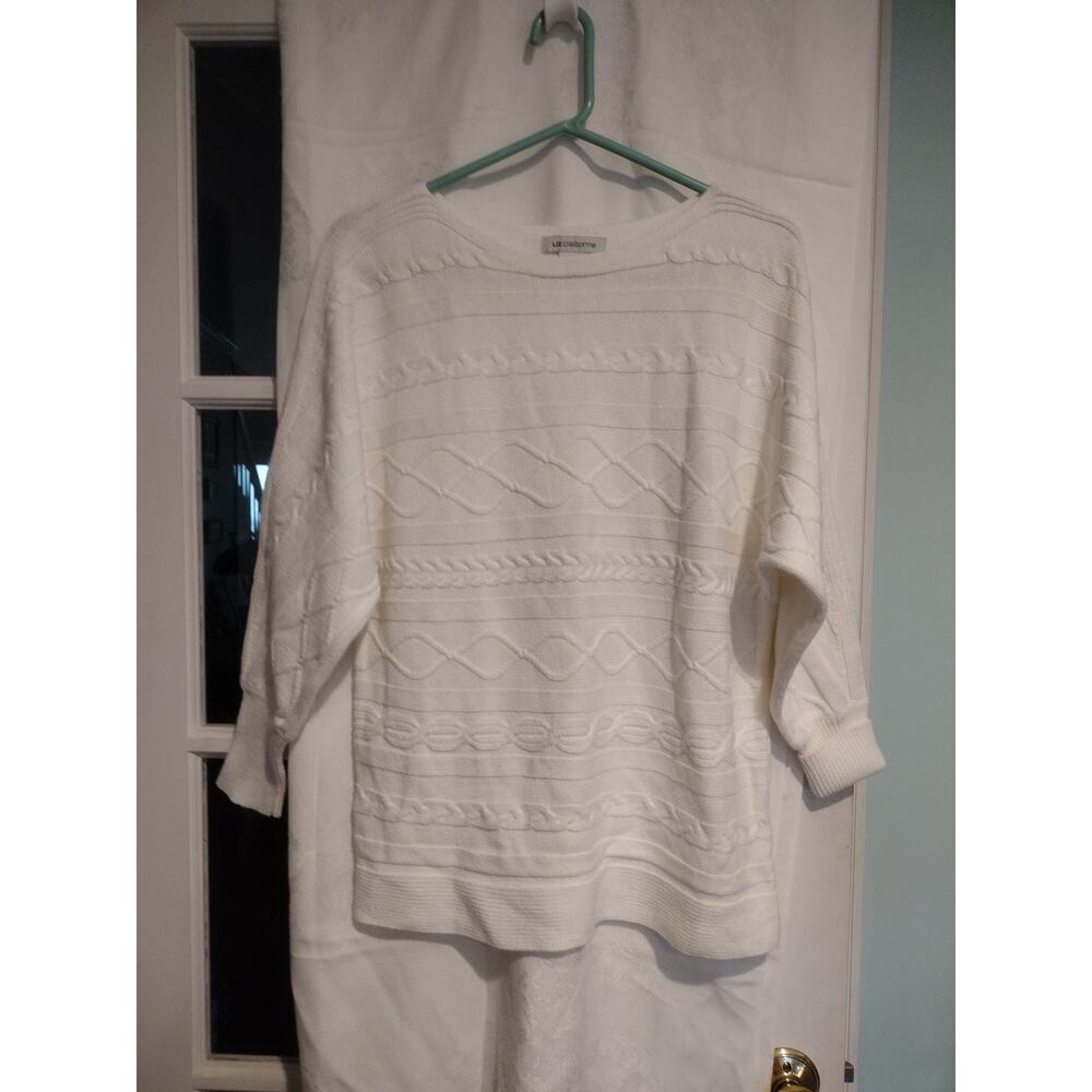 Liz Claiborne Large Cable Knit Sweater Dolman Sleeves  Ivory Cotton Casual Cozy